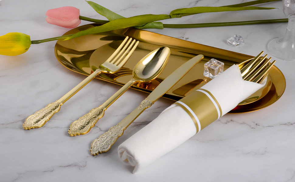 Gold Plastic Silverware Set 60 Pre rolled Napkin and