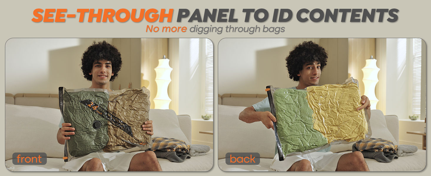 Le texte se lit comme suit : « PANNEAU TRANSPARENT POUR IDENTIFIER LE CONTENU ». Image divisée montrant les vues de face et de dos d'un sac transparent à motifs en maille.