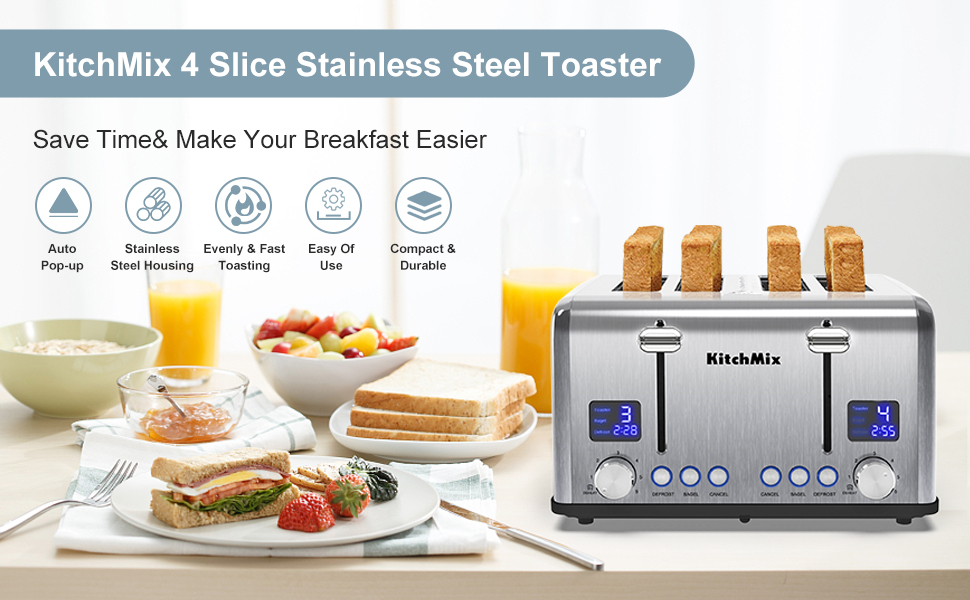 Toaster 4 Slice, Bagel Stainless Toaster with LCD Timer, Extra Wide