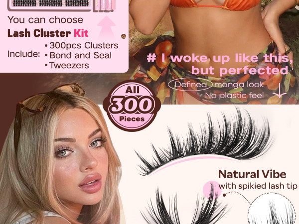 Manga Lash Clusters Wispy 300 Pcs Eyelash Clusters 10-16mm Fluffy Cluster Eyelash Extensions Anime