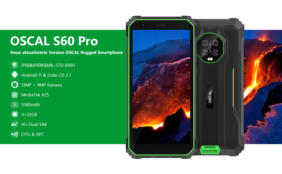 OSCAL S60 Pro Green Outdoor Smartphone Grün Rugged handy 5.7 zoll