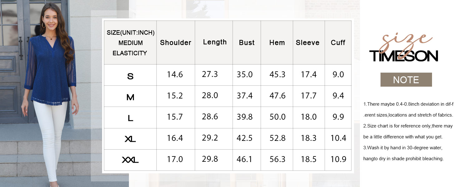 Timeson Women's 3/4 Sleeve Blouses Casual V Neck Dress Shirts Double Layers Mesh Tunics Tops