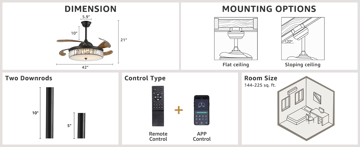 CROSSIO Retractable Ceiling Fan Light with Remote Control