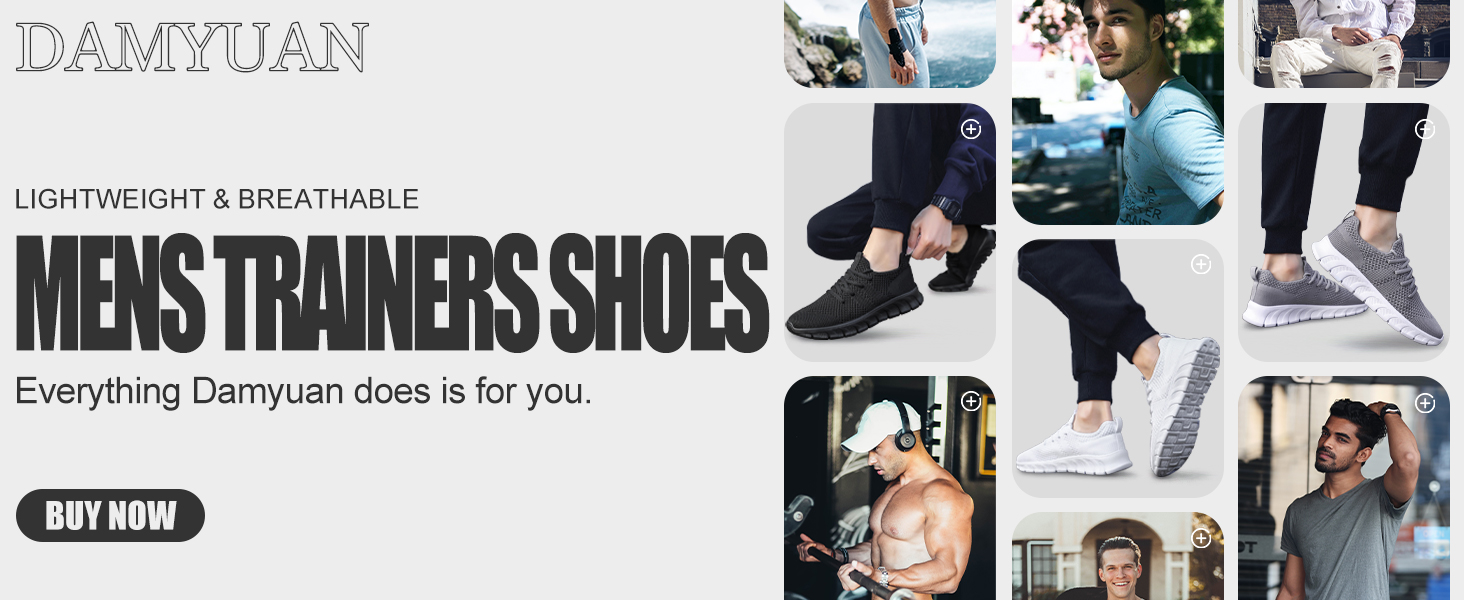 Advertisement for men's trainers shoes. Multiple images show the shoes being worn in various settings and activities.