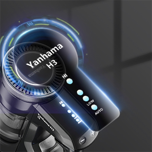 Rozhraní digitálního displeje zobrazující „Yamaha HD“ s modrým osvětleným kruhovým designem a ovlá