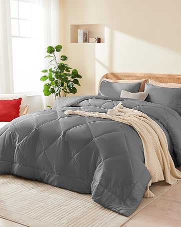 Full Comforter Set Grey, 3 Pieces Lightweight All Season Solid Bedding Comforters Sets, Down Alternative Comforter Bed Set Quilt Blanket, (86x82In Comforter & 2 Pillowcases),Gray 5 grey king comforter