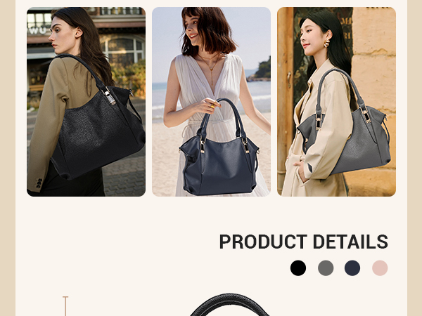Text reads 'PRODUCT DETAILS'. Multiple lifestyle photos showing different angles of a large black leather-look handbag being worn and carried in various situations.