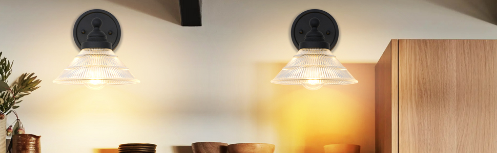 SongCiLT Simple but Classic Clear Ribbed Glass Black Wall Sconces Lighting for Bedroom Hallway