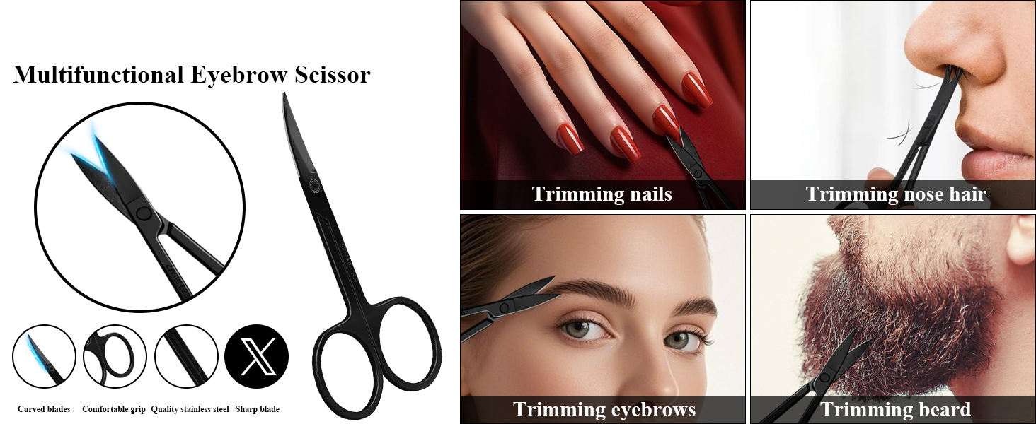 Multifunctional grooming scissors shown with close-up images demonstrating trimming for eyebrows, nails, nose hair, and beard.
