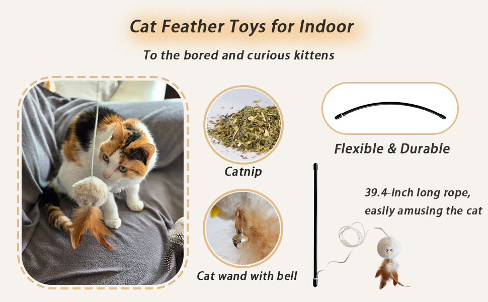Cat Wand Feather Toys Catnip Teething Toy for Bored Kitten