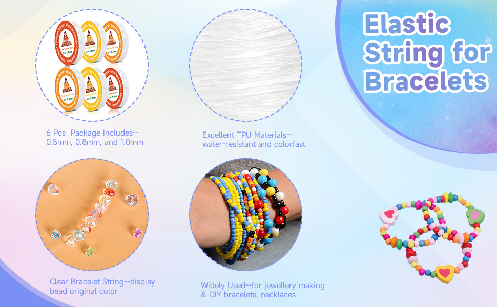 Alyvisun 6 Pcs Clear Bracelet String, (0.5mm, 0.8mm & 1mm) Elastic
