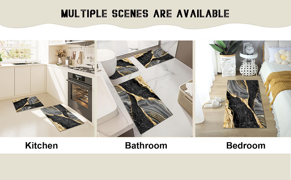 Black Gold Bathroom Rugs Sets 3 Piece Abstract Bath Mat Sets Thin Rubber