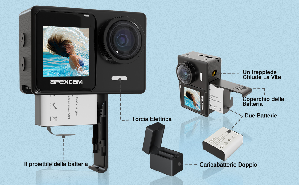 Apexcam 4K/60FPS Action Cam con Touch Screen EIS 24MP Sport Cam Doppio Schermo 40M Fotocamera