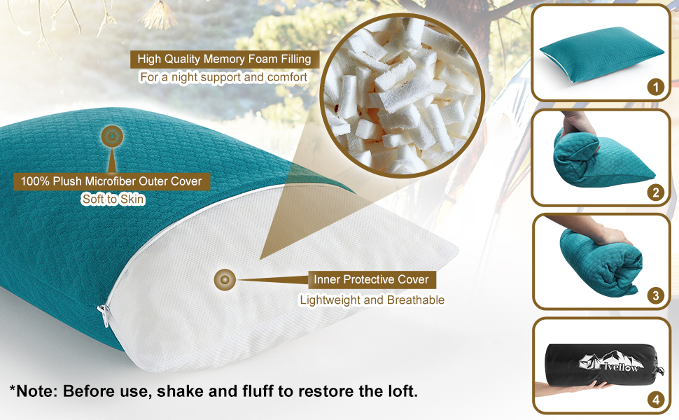 Ivellow Memory Foam Travel Pillow Compressible Camping