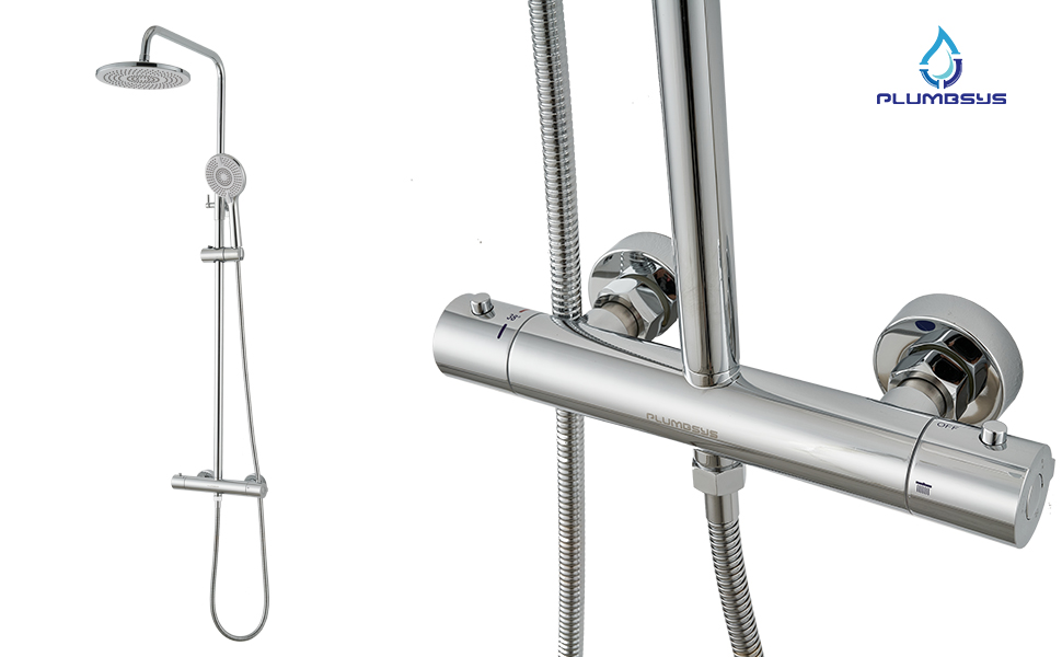 Plumbsys Thermostat Shower Mixer Set Chrome Round Rainfall Shower System with 10In Overhead