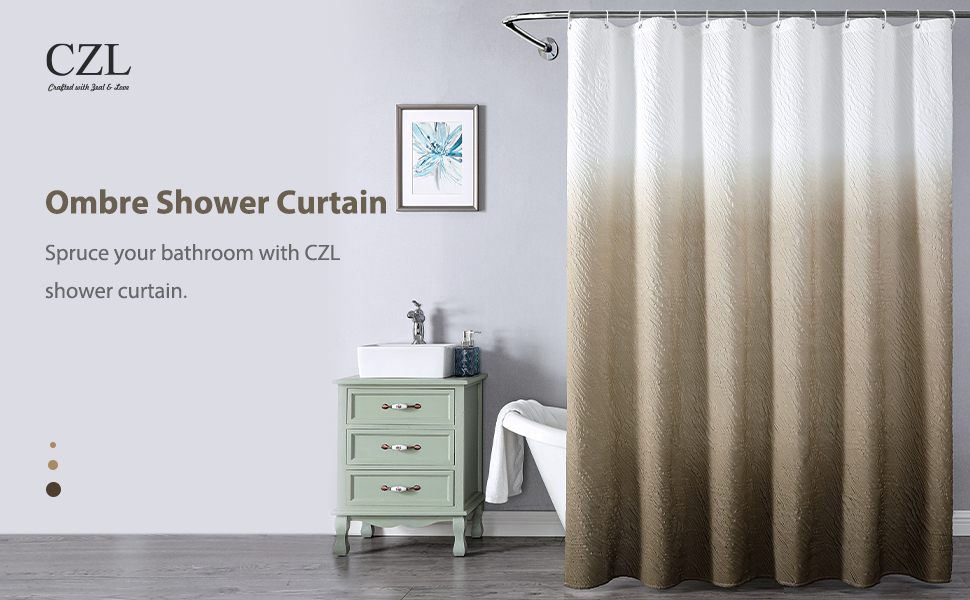 CZL Bathroom Brown Shower Curtain Set Ombre with 12 Hooks, Modern
