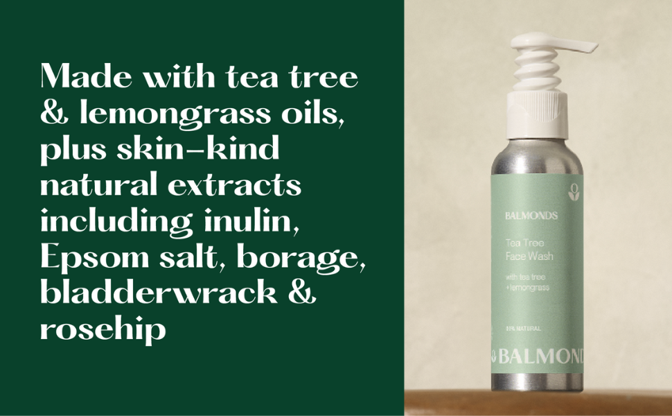 main ingredients: lemongrass oils, tea tree, epsom salts, borage, bladderwrack and rosehip