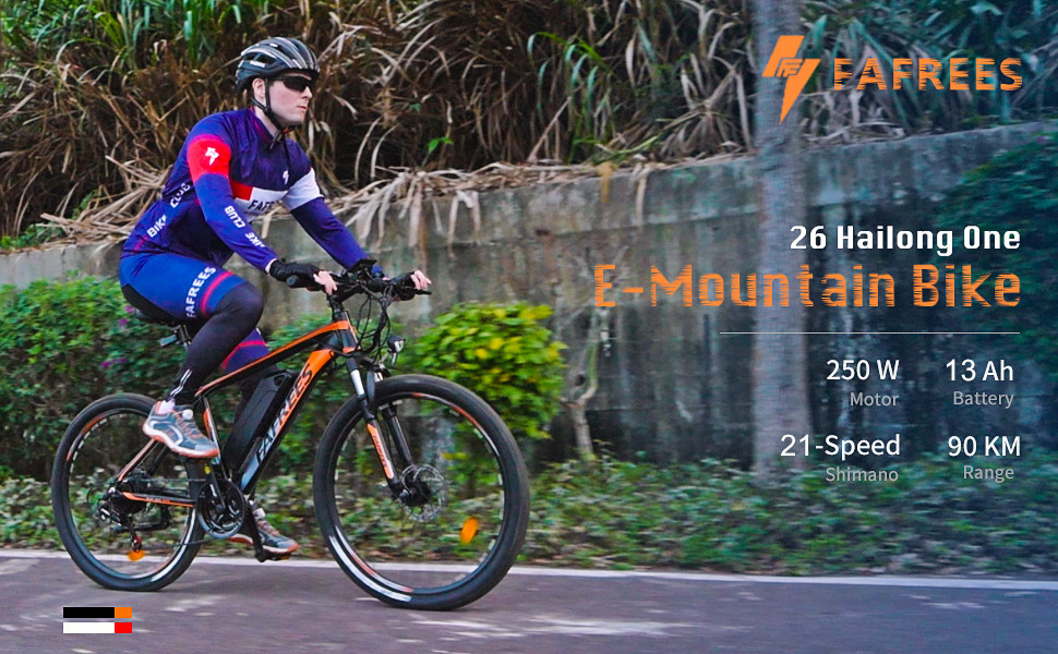 Cyclist riding an electric mountain bike on a road. Text overlay shows bike specs: 250W motor, 13Ah battery, 21-speed, 90KM range.