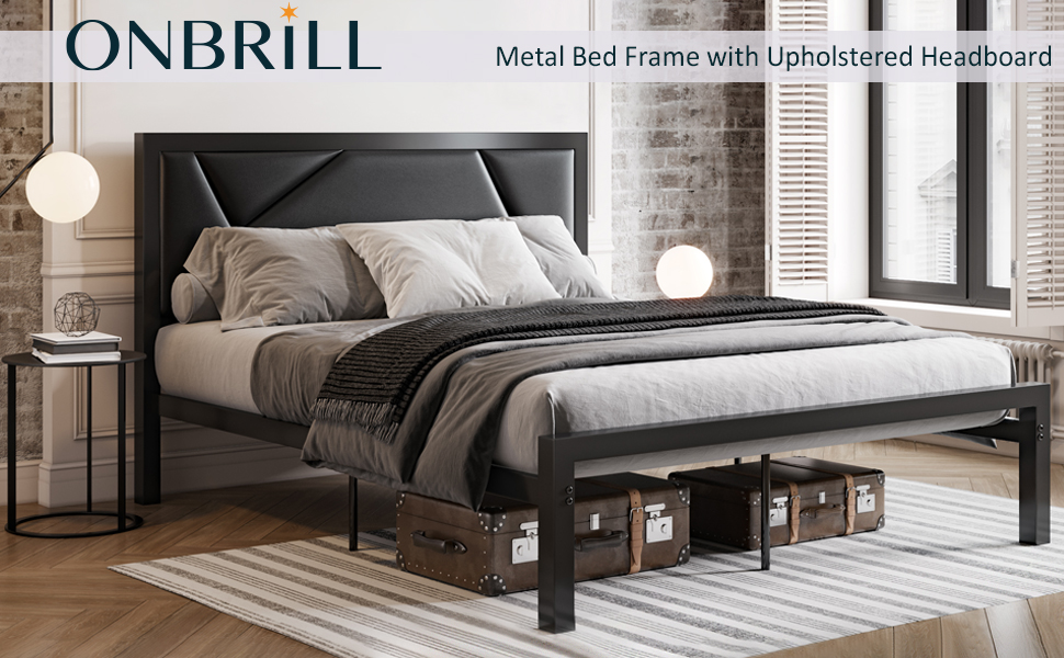ONBRILL Full Size Modern Metal Bed Frame with Contemporary Faux Leather and