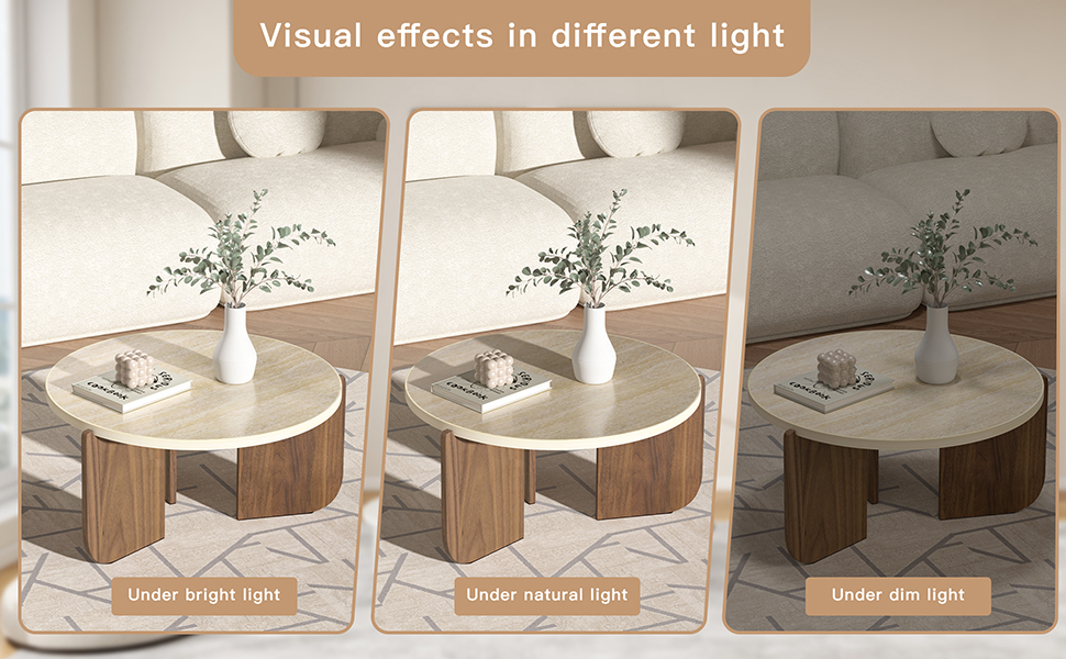 Round Travertine Texture Coffee Table 28.4” Stone Coffee