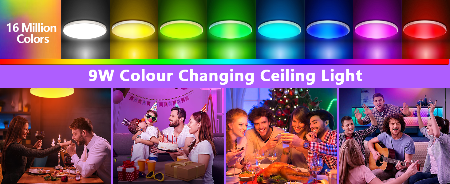 9W ceiling light featuring 16 million color options, shown in spectrum display above party scenes demonstrating various lighting moods.
