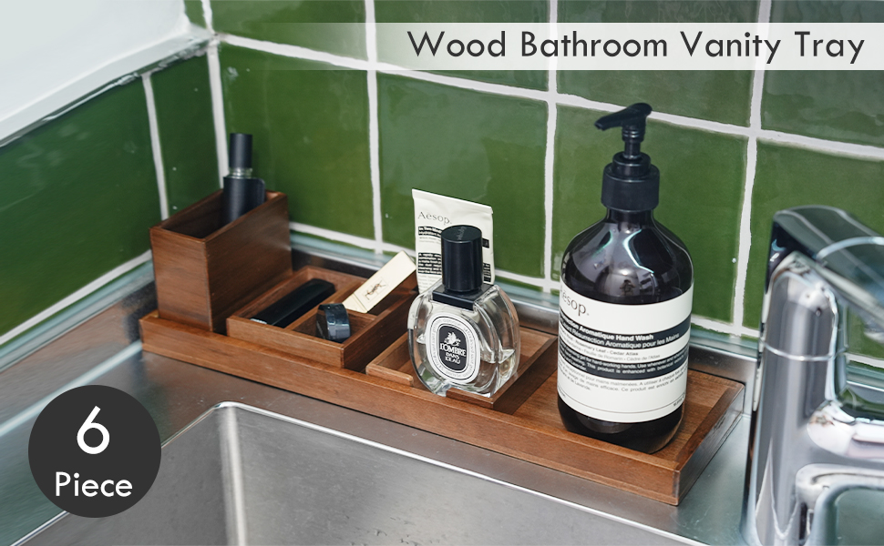 ROCDEER Wood Vanity Tray, 6Piece Small Bathroom Counter