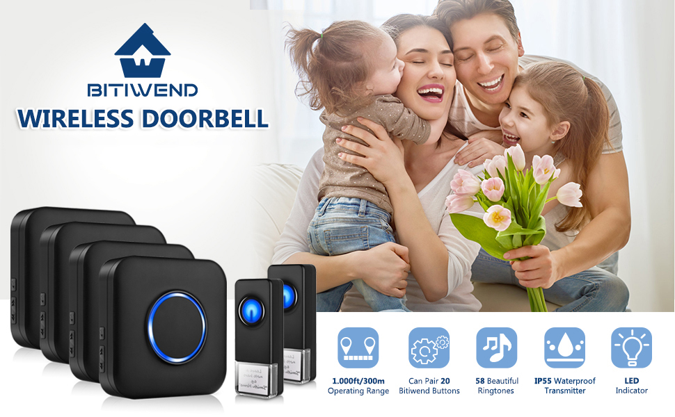 Wireless Doorbell, BITIWEND Battery Operated at 1000ft Long Range Plug