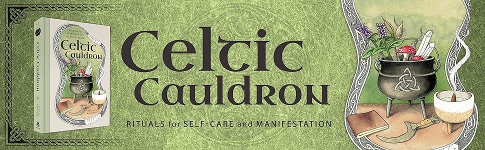 Celtic Cauldron banner with 3d book on left and illustration on right