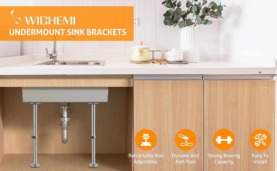 Undermount Sink Brackets, WICHEMI Set of 2 Adjustable Stainless Steel