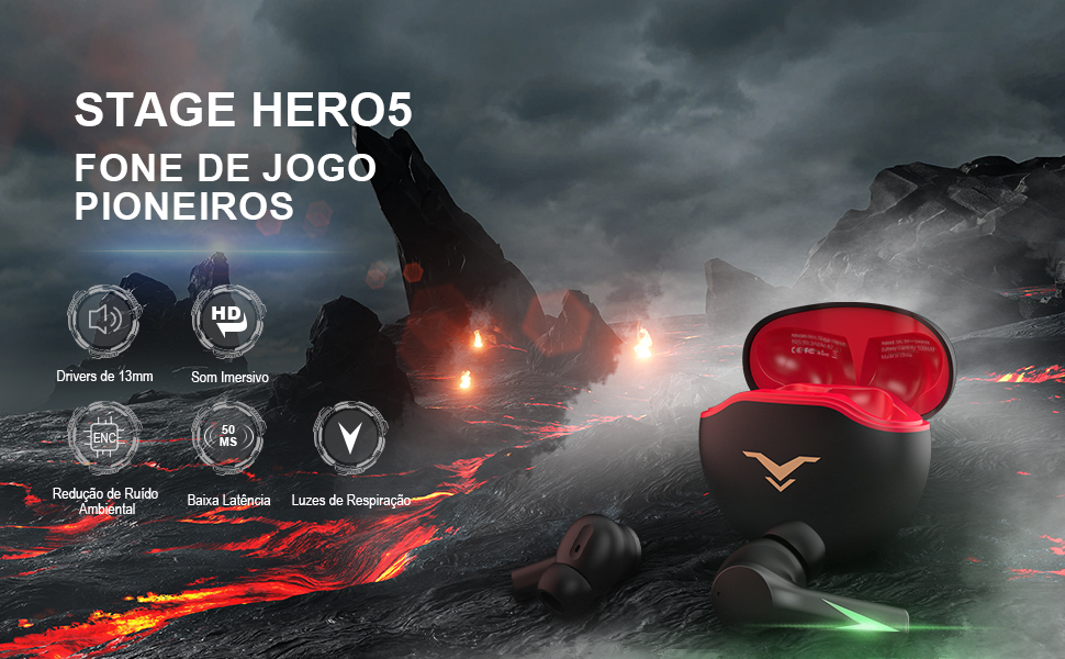 Fone de ouvido Bluetooth Gamer Hero5 som estéreo com drivers de 13 mm, 50ms de baixa latência e