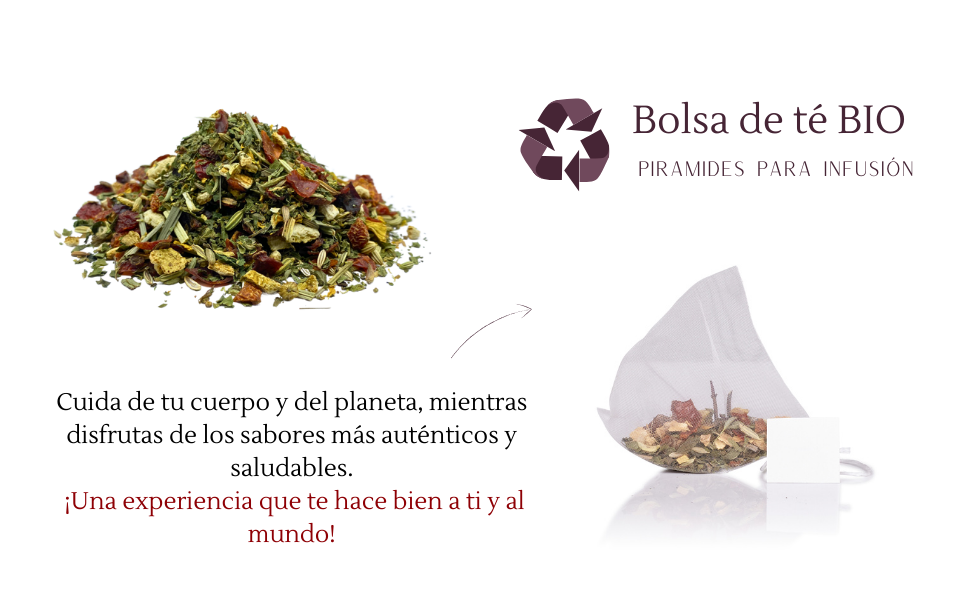 Mezcla de té de hierbas a granel con hojas verdes y pétalos de flores. El recuadro muestra una bolsita de té. El texto promueve la experiencia del té orgánico y ecológico