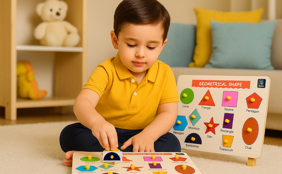 Toddler using wooden knob puzzle tray to learn basic shapes and colors