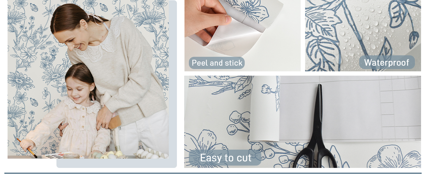Cohoo Home Blue and White Floral Wallpaper Peel and Stick Wallpaper
