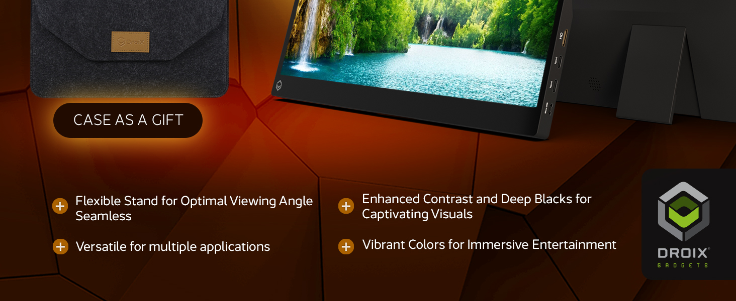 DroiX PM14T 4K portable monitor with touchscreen, versatile stand, and protective case