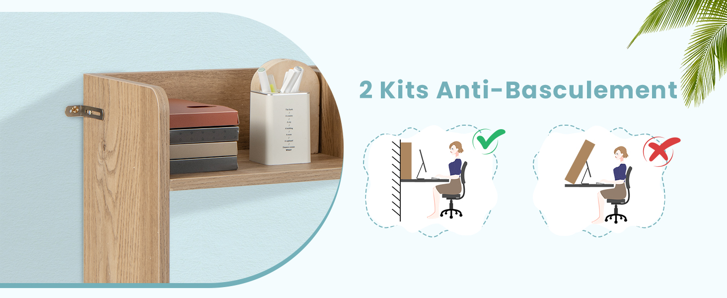 Étagère de bureau en bois avec design anti-basculement, illustrée par des schémas de posture assise ergonomiques illustrant les positions de montage correctes et incorrectes