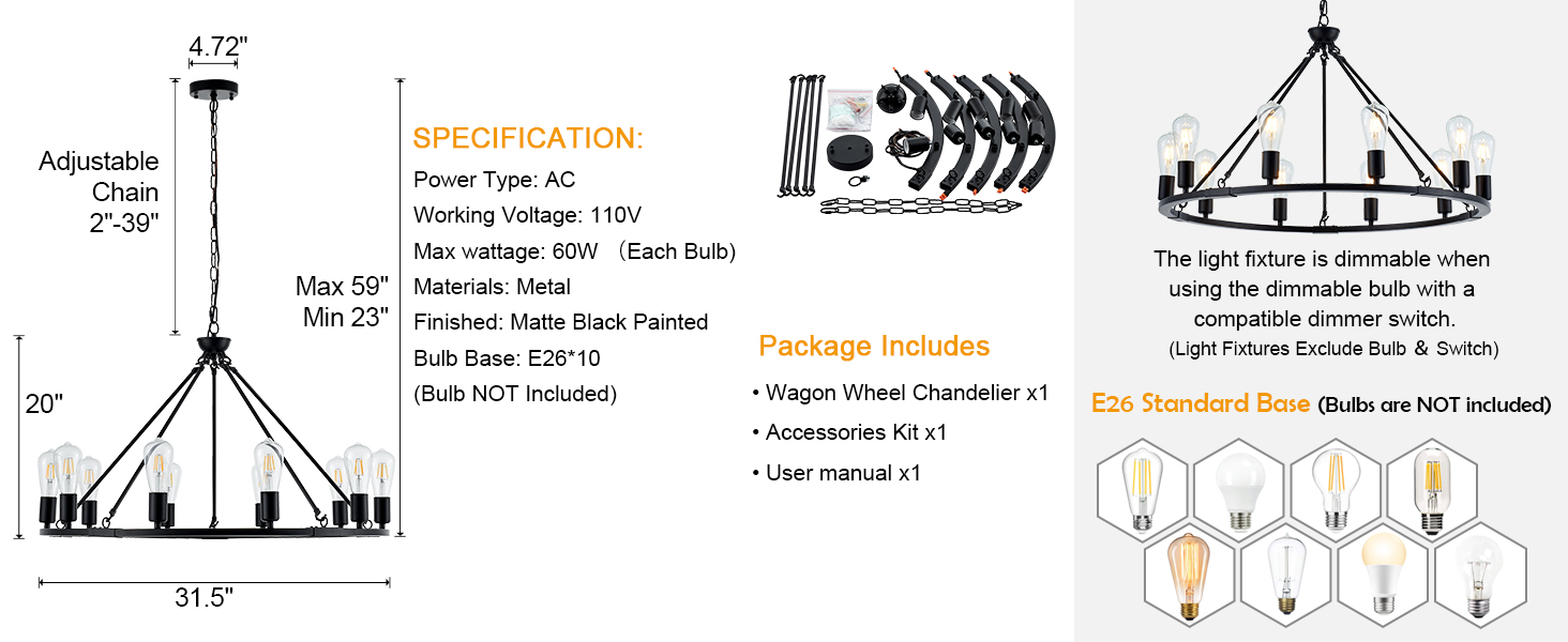 Dimension & Packing List & Bulb Required & Dimmable