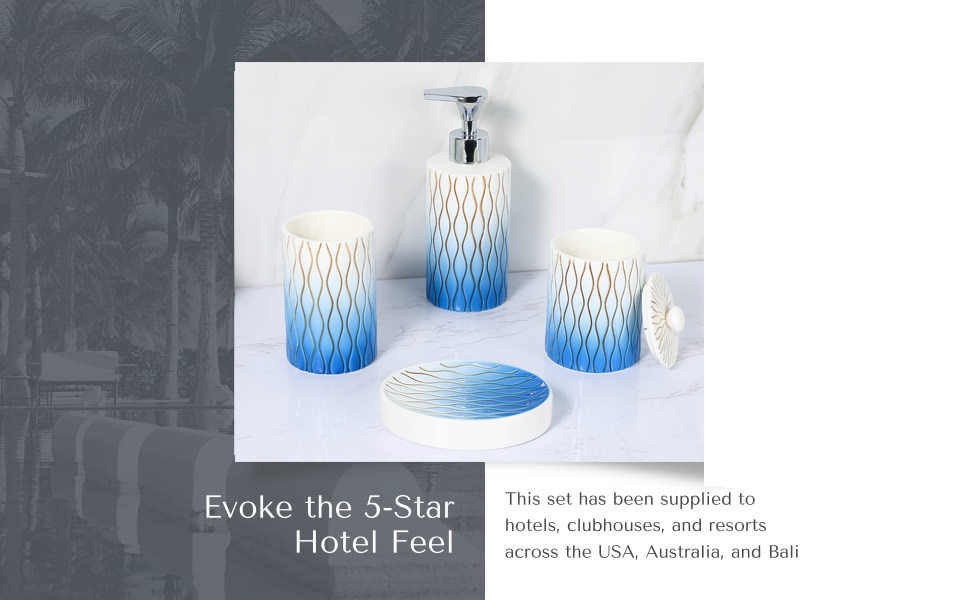 Navy Blue Bathroom Accessories Set,Handcarved Lines Ceramic Bathroom Set. 4 Piece