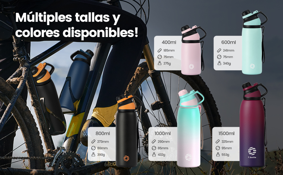 Garrafas térmicas de água em diversos tamanhos e cores. Os tamanhos variam de 400 ml a 1500 ml, e cada garrafa apresenta diferentes especificações de capacidade e peso.