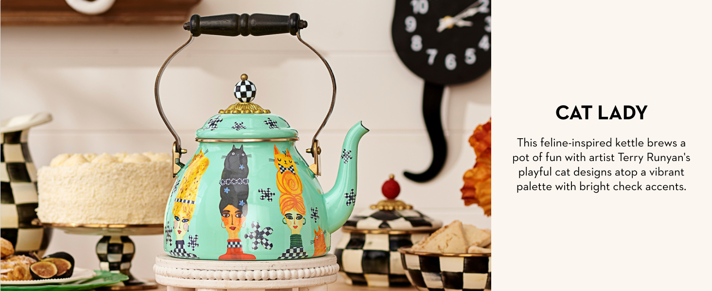 Meow, cat lady decor, tea kettle, fun cat decor.