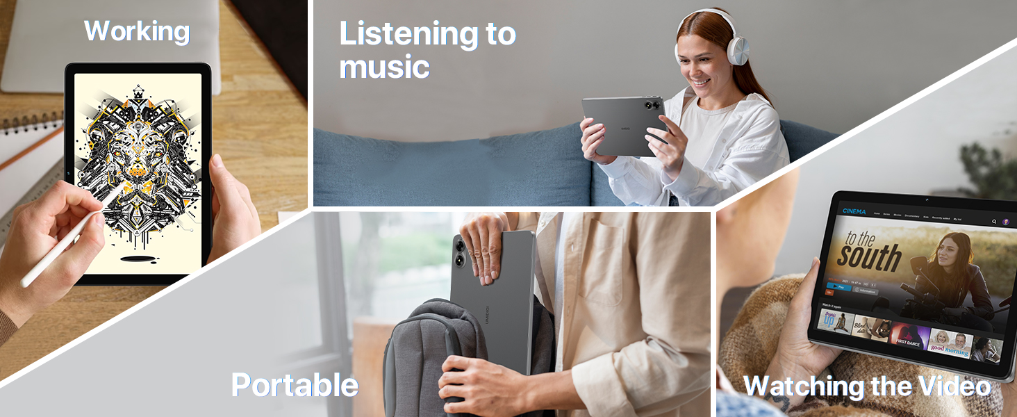 Collage showing various uses of a tablet device: working, listening to music, portable use, and watching videos.