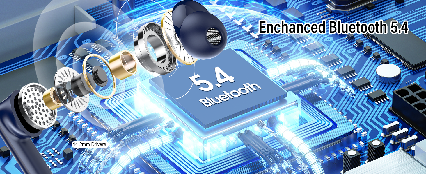 Exploded view of a Bluetooth earphone, showcasing internal components and a 5.4 Bluetooth chip. Blue digital effects surround the image.