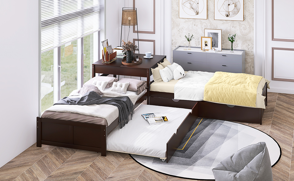 Merax LShaped Platform Bed with Two Trundles Builtin Desk