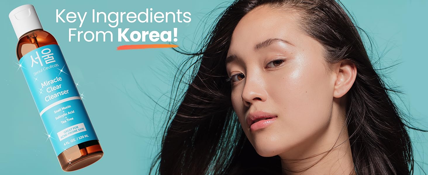 SeoulCeuticals Korean Acne Face Wash with Korean skincare model showing flawless skin