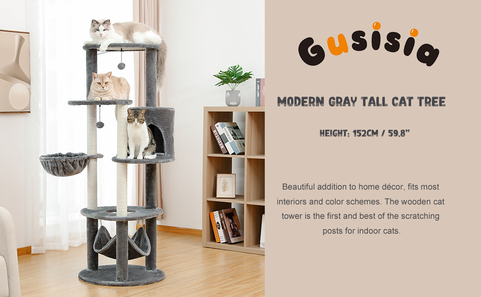 Gusisia 59.8 Inches MultiFunctional Cat Tree Tall Cat Tower with Cozy Hammock