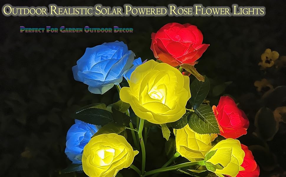 Outdoor Realistic Solar Powered Rose Flower Lights Stake,2 Pack 10 Rose