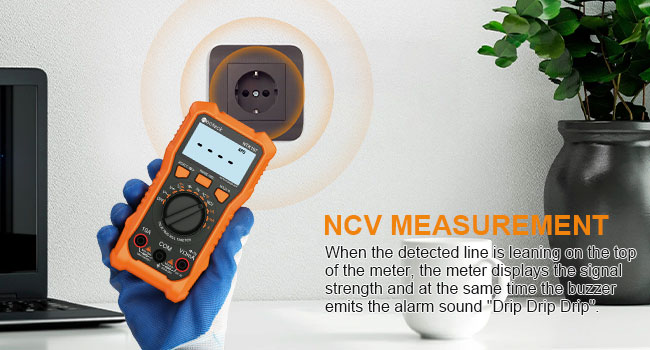 Hand holding orange multimeter near wall outlet. Text indicates 'NCV MEASUREMENT' feature, with explanation of detector line and alarm function.