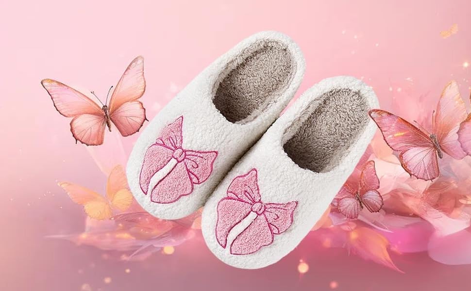 White slippers with pink bow details displayed against pink background with decorative butterfly elements and soft bokeh lighting effects.