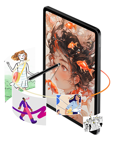 Sequence of illustrated images showing a tablet device with animated characters and drawings interacting with the screen.