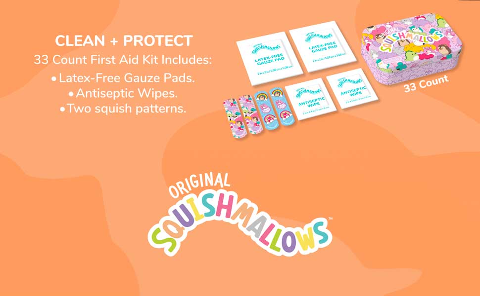 original squishmallows, 33 count, first aid kit, latex-free, gauze pads, antiseptic wipes