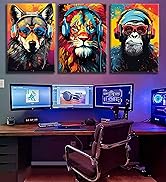 3pcs Gaming Wall Art Animal Graffiti Posters Pictures With Headphones Sunglasses Gorilla Tiger Wo...